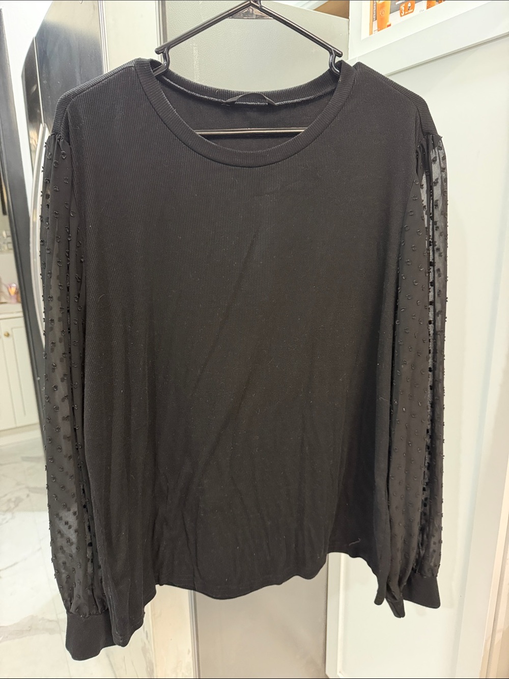 SHEIN Black Long Sleeve Top with Sheer Dotted Sleeves